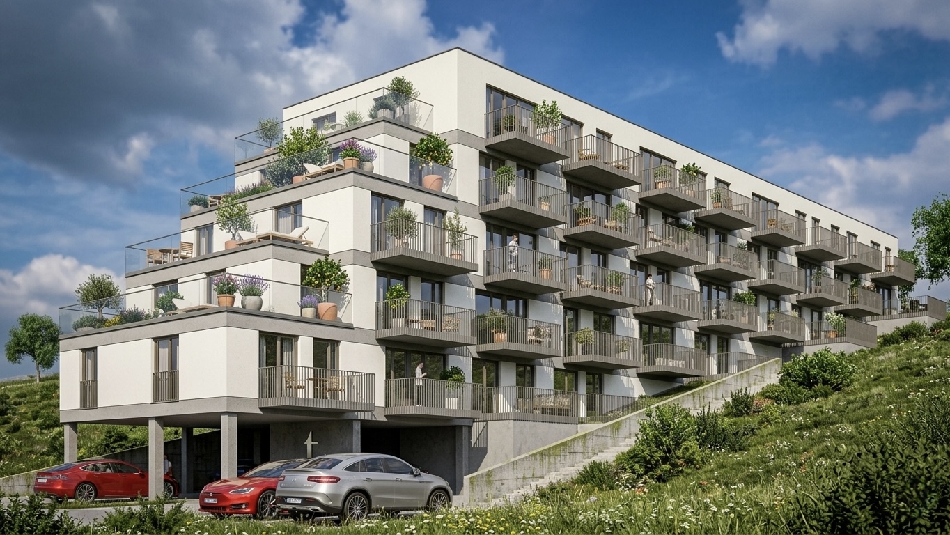 Fasáda bytového domu s balkónmi pri západe slnka