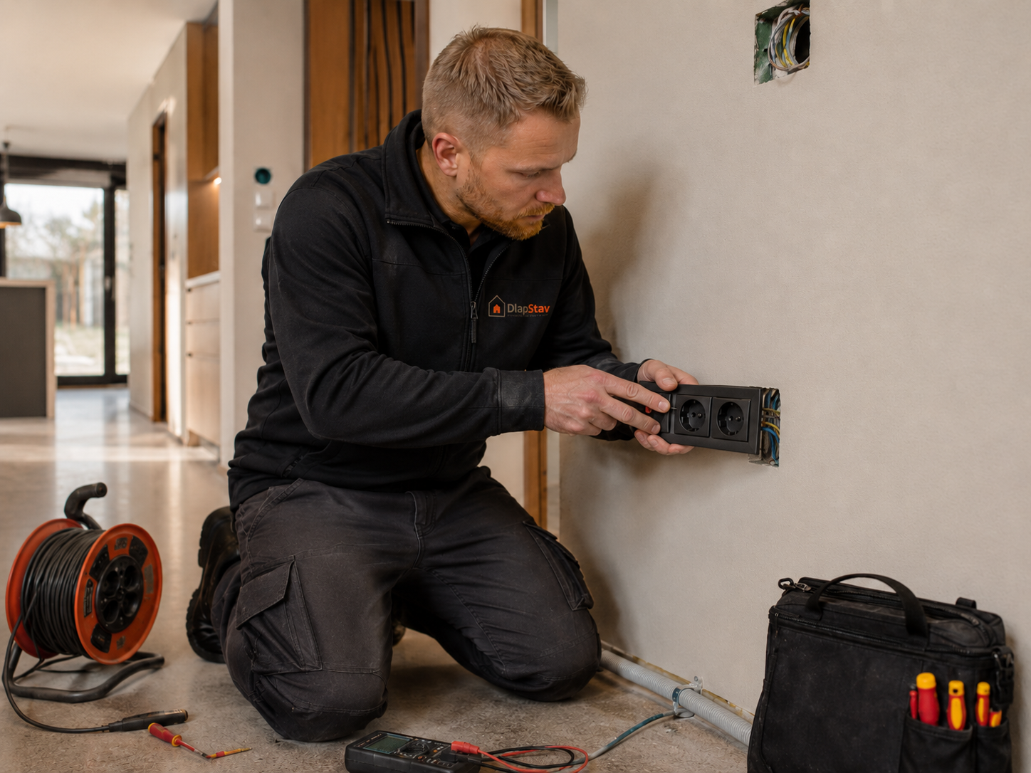 Elektrikár DlapStav montuje zásuvky v interiéri