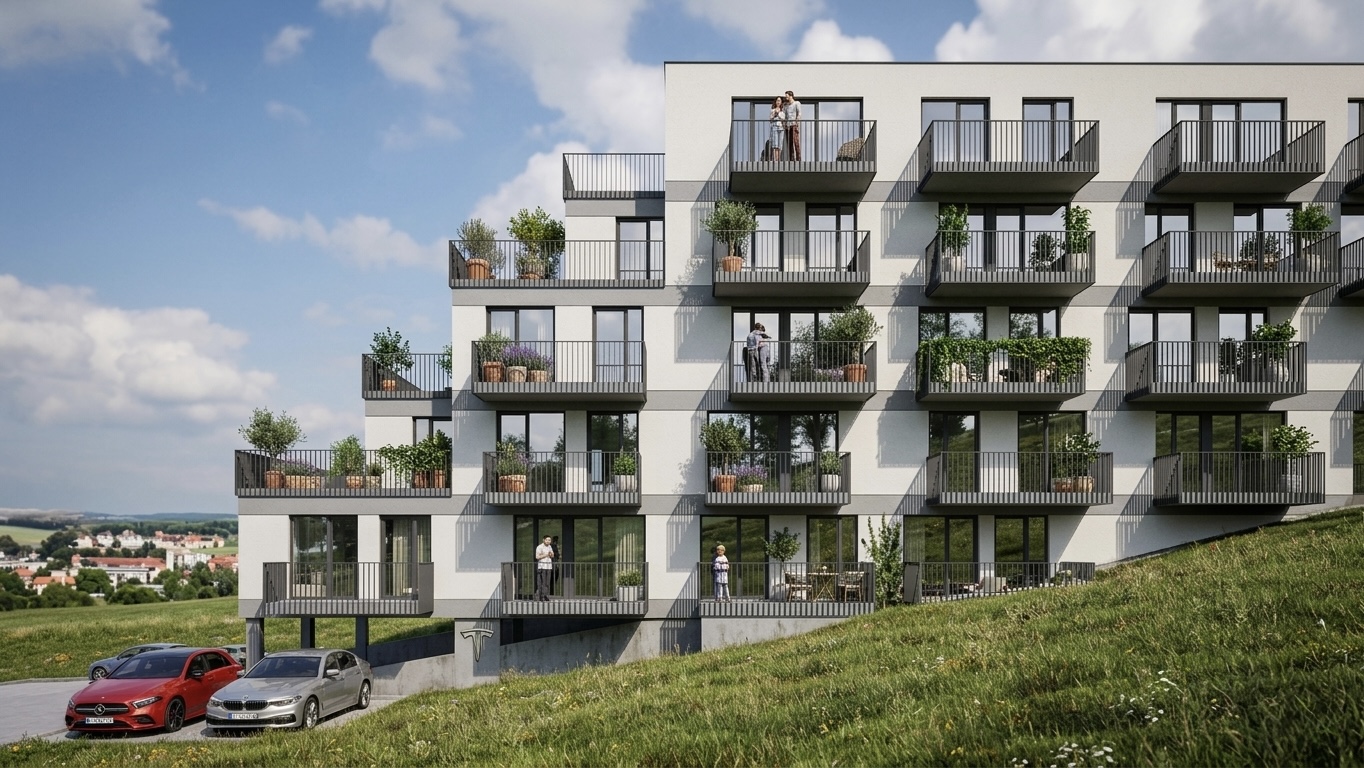 Detail fasády bytového domu s balkónmi a zeleňou