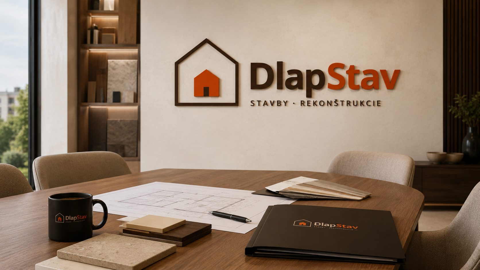 Kancelária DlapStav v Banskej Bystrici s logom na stene