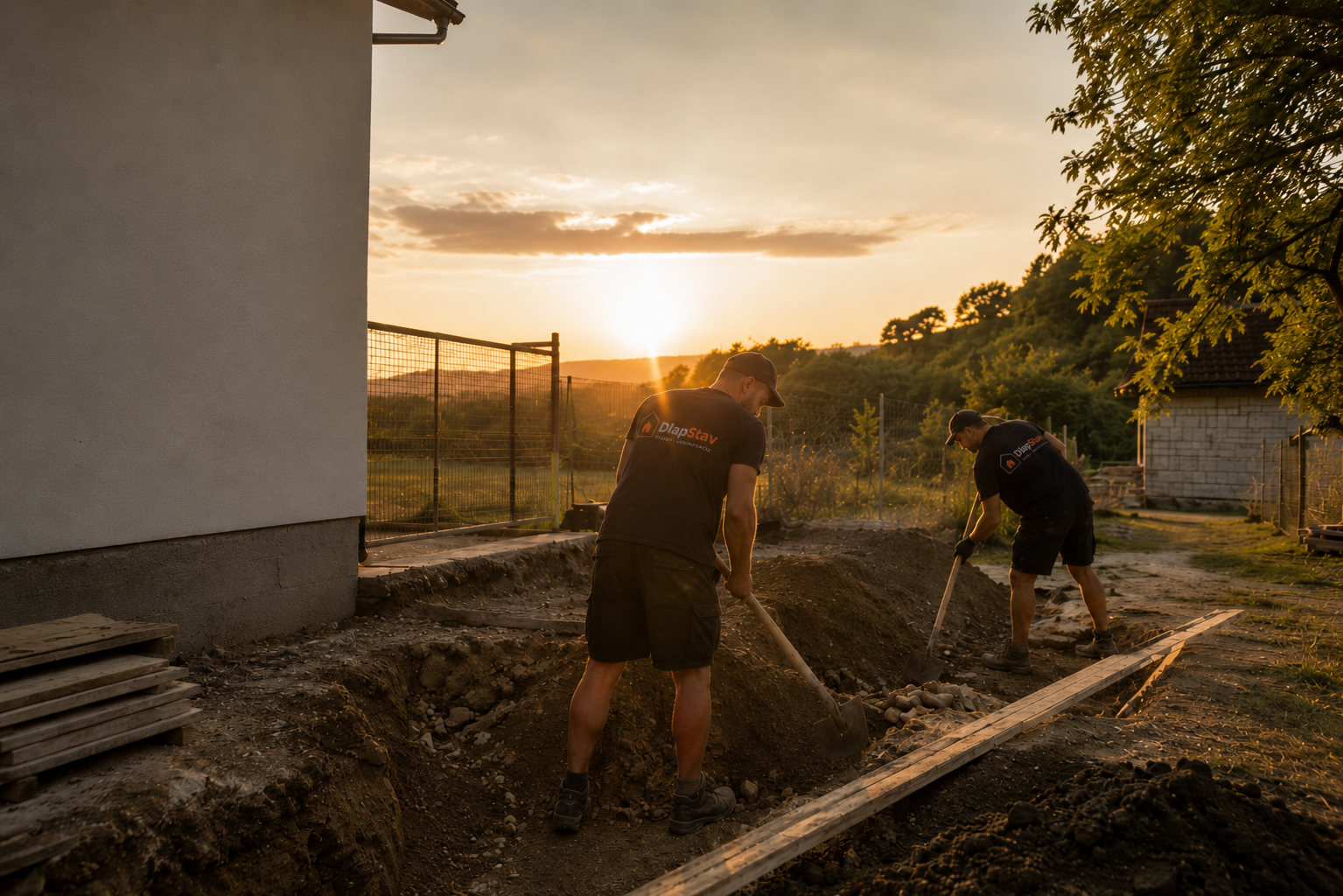 Zemné práce — výkopy pri rodinnom dome pri západe slnka